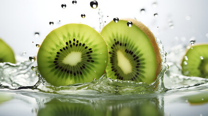 fresh kiwi fruits on white bckground with the fresh droplet water  - obrazy, fototapety, plakaty
