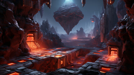 Huge digital theme with colorful ice and lava cliff rocks, 3d generative ai