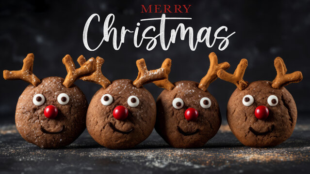 Merry Christmas food bakery bake baking photography background greeting card with text - Closeup of reindeer rudolph cookie with santa claus hat on black concrete table