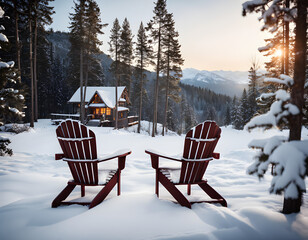 Cozy Winter Getaway: Adirondack Chairs in Snowy Forest. Generative AI.