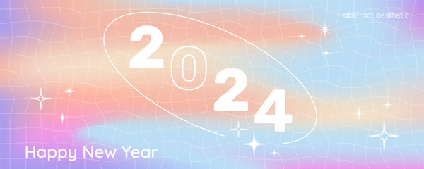 New 2024 Year banner in retro Y2K abstract aesthetic style, 2024 number and text greeting on a gradient liquid holographic background. Vector illustration for a New Year holiday.