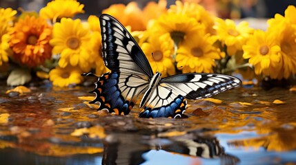 a butterfly sitting on top of a body of water next to yellow flowers.  generative ai