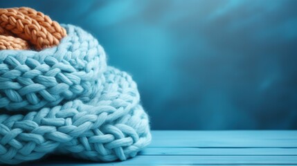  a blue knitted blanket with a knot on top of it.  generative ai