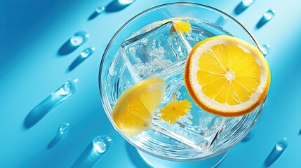  a glass of water with a slice of lemon and ice.  generative ai