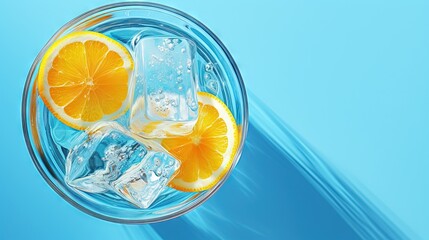  a glass of ice and orange slices on a blue background.  generative ai