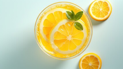  a close up of a glass of lemonade with slices of lemon.  generative ai