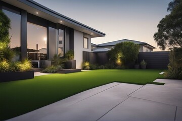 A contemporary Australian home or residential building's front yard features an artificial grass
