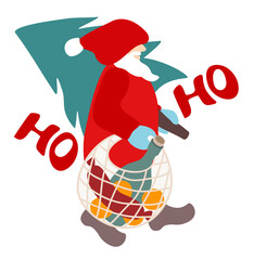 Vector isolated illustration with Santa Claus with New Year tree and bag of food for celebration.