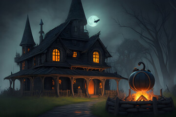 Fototapeta na wymiar Witch's Cauldron in the Haunted Lair. AI Generative Illustration.