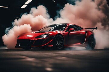 Drifting car on dark black background with red smoke Car in the smoke Supercar in motion Sports car