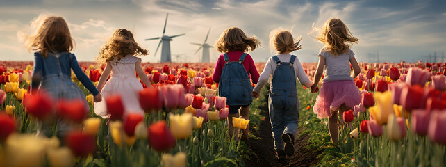 two little's girls playing in a tulips field, , created by generative AI technology