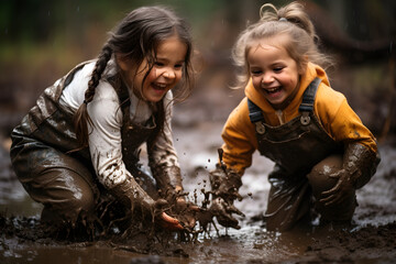 Two smiling little girls playing with water in the forest, created by generative AI technology