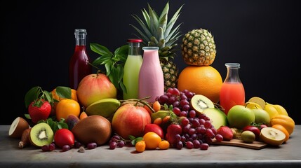  a table topped with lots of different types of fruits and drinks.  generative ai