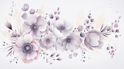  a painting of flowers with leaves and flowers on a white background.  generative ai