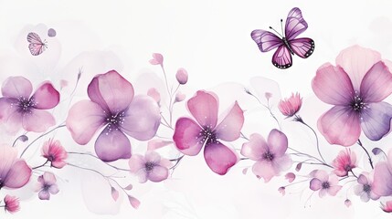  a painting of pink flowers and a butterfly flying over them.  generative ai