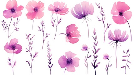  a bunch of flowers that are on a white background with pink and purple colors.  generative ai