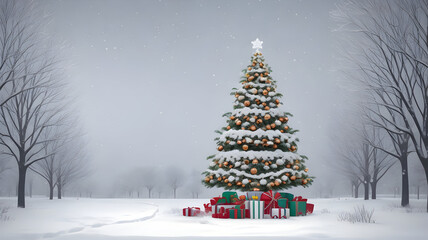 Christmas Tree with Gift Boxes Amidst Snowy Trees on White Background
