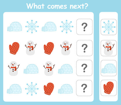 What comes next? Educational logic game for kids with winter illustration. Worksheet for children. © G.rena