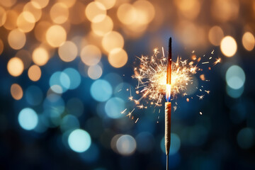 Sparkler celebration. Blurred bokeh golden and blue background with copy space. Sparkles burning during New Year.
