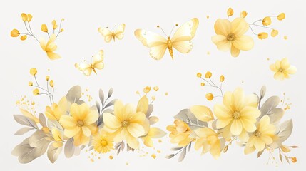  a painting of yellow flowers and butterflies on a white background.  generative ai