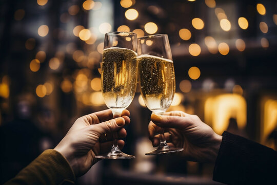 Close up two glasses with sparkling champagne wine in hands. Cheers in restaurant and cafe. Blurred golden bokeh background. Christmas and New Year celebration