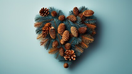  a heart shaped arrangement of pine cones and fir cones on a blue background.  generative ai