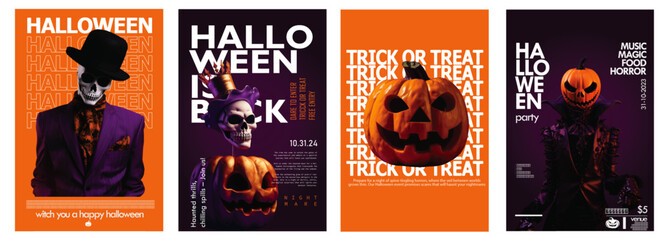 set of 4 halloween poster with vibrant orange and purple color combination, typography art unique poster design, trick or treat, pumpkin, skull skeleton vector illustration