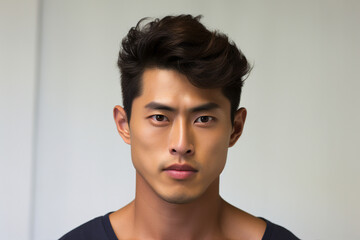 Fototapeta premium Photo generative AI image of a handsome male model with flawless smooth skin and healthy hair isolated on grey background
