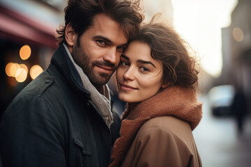 Fototapeta premium Picture made with generative AI of handsome man and charming girl in love walking together on an evening date