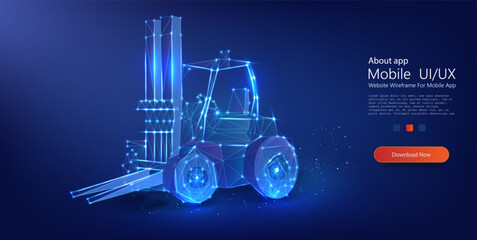 Forklift in low poly style. Hydraulic machinery blueprint. Industrial isolated loader. Automated logistic service, digital warehouse.  Isolated silhouette. Vector illustration