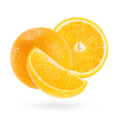 Juicy oranges closeup fly on white background as art composition. Whole, half and quarter piece fruits, isolated on white background with shadow. Summer fruits for advertising, design, label product.