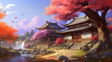 Fototapeta premium Autumn landscape with trees, mountains, fields, leaves. Asian village landscape, Generative AI