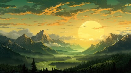 The sun is setting The background is rich green mountains - obrazy, fototapety, plakaty