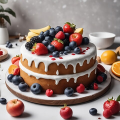 A realistic cake that is on a table with white flour and fruits thrown on the table.