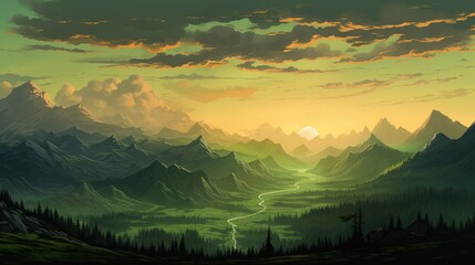 The sun is setting The background is rich green mountains