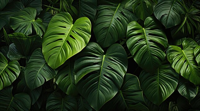 Closeup nature view of green leaf and palms background, flat lay, Generative AI © tonstock