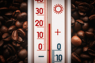 Thermometer close-up on a background of coffee beans. Coffee roasting temperature.