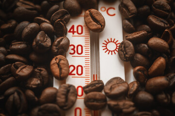 Thermometer close-up on a background of coffee beans. Coffee roasting temperature. Coffee drink at temperature.