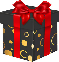 One big black gift box with red ribbons and bow, and golden patterns