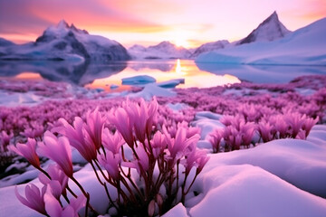Flowers bloom in Antarctica. Climate changes. Melting glacier. Global changes on the planet. - obrazy, fototapety, plakaty