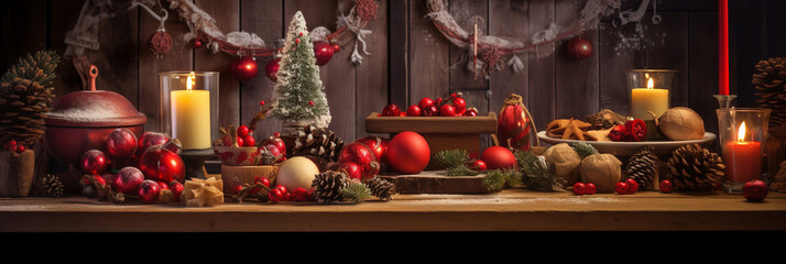 Weihnachtliches Dekobanner mit Weihnachtskugeln, Kerzen und Tannenzapfen vor Holzhintergrund, Weihnachten Hintergrund Banner