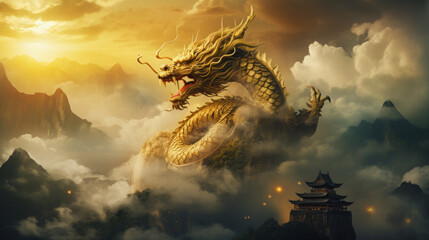 A Dragon Golden Chinese on foggy Clouds - obrazy, fototapety, plakaty