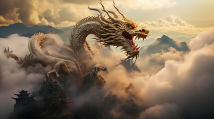 A Dragon Golden Chinese on foggy Clouds - obrazy, fototapety, plakaty
