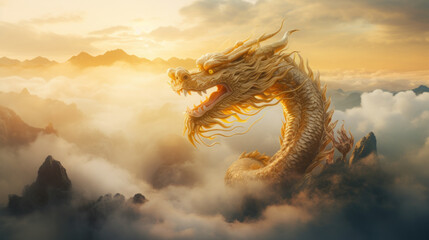 A Dragon Golden Chinese on the mountains foggy Clouds