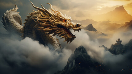 A Dragon Golden Chinese on the mountains foggy Clouds - obrazy, fototapety, plakaty