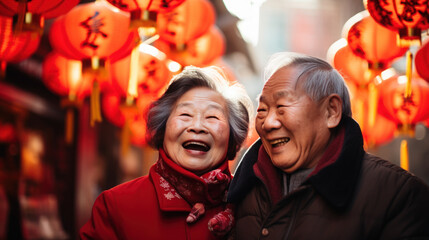 Fototapeta premium A senior Chinese couple wearing Chinese clothing celebrates the Chinese New Year in an old Chinese town