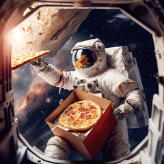 An astronaut courier delivers pizza in space. Delivery service from the future. Generated AI