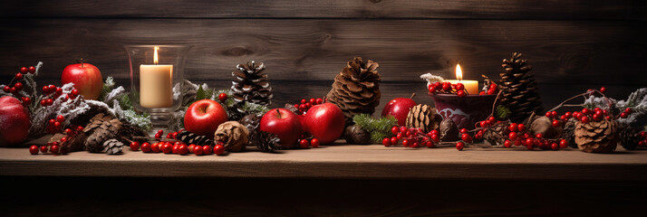 Weihnachtliches Dekobanner mit Weihnachtskugeln und Tannenzapfen vor Holzhintergrund, Weihnachten Hintergrund Banner - obrazy, fototapety, plakaty