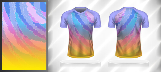 Vector sport pattern design template for V-neck T-shirt front and back with short sleeve view mockup. Shades of blue-purple-pink-yellow color gradient abstract grunge texture background illustration.