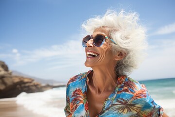Elderly female traveler on vacation at the beach waving sea on weekend day on resort, Generative AI